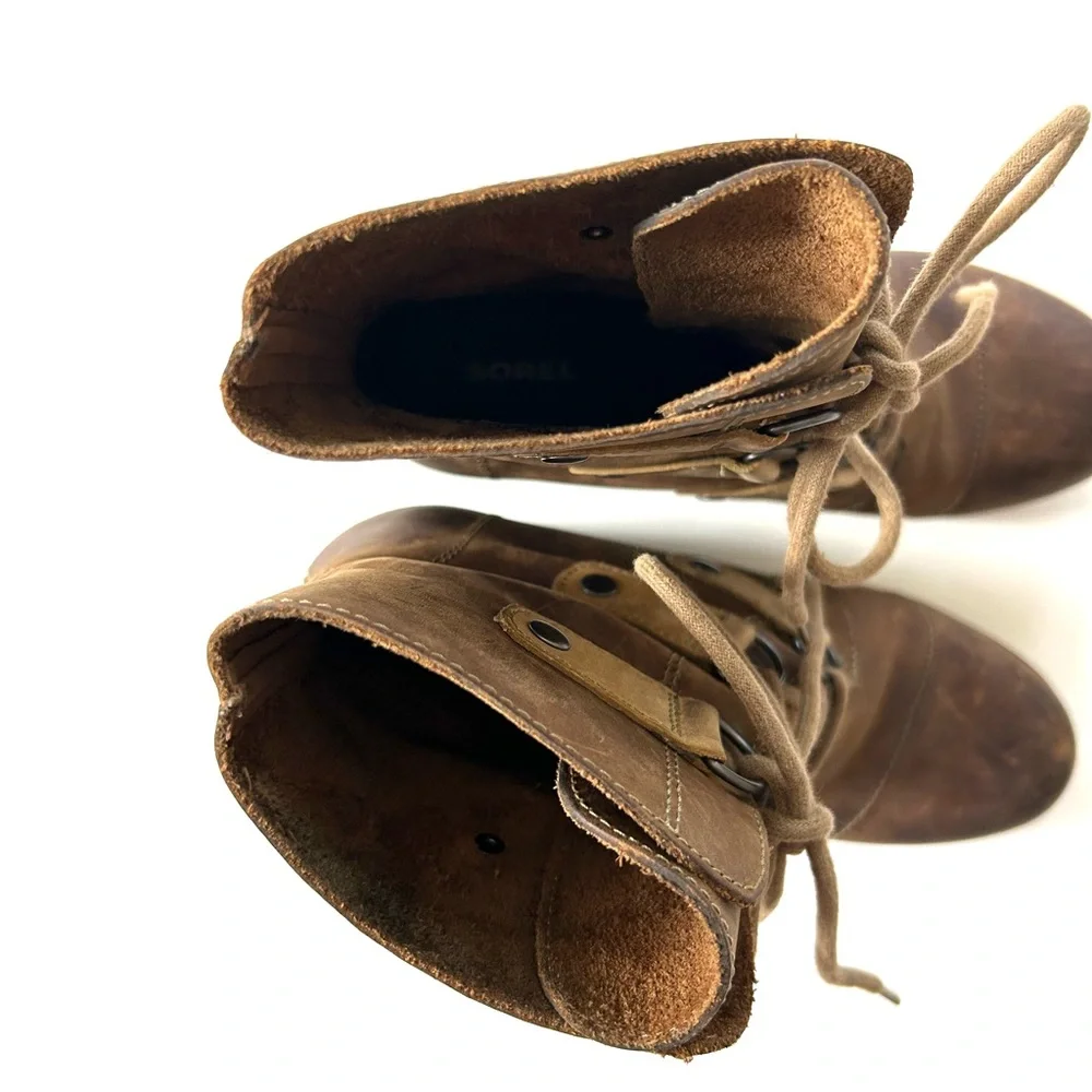 Sorel Joan of Arctic Wedge Mid Brown Distressed Genuine Leather Waterproof Boots